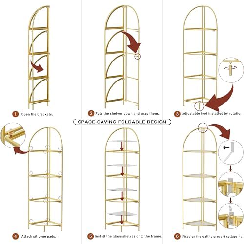 Crofy 4-Tier Foldable Corner Shelf, Metal Gold Frame & Transparent Shelves