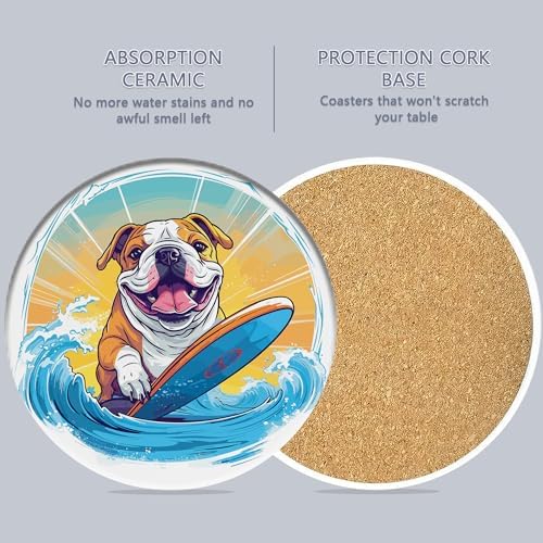 Coaster for Drinks Set of 6, Cute Dog Surfing Absorbing Round Ceramic Stone Coaster with Cork Base,Tabletop Protection Mat for Mugs and Cups,Coffee Table Wine Glass Home Bar 4 Inch