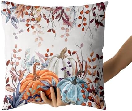 Giwawa Fall Pillow Covers Set of 2 16x16 Inch Orange Blue White Pumpkins Autumn Leaves Thanksgiving Cushion Covers Farmhouse Decorative Square Double Sided Throw Pillowcases for Indoor Outdoor Holiday