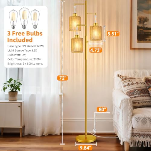 Hotsonic 72" Boho Rattan Tree Floor Lamp, Tall Dimmable Industrial Standing Lamp, Corner Decor Accent Lighting for Living Room, Bedroom, Dining Room, Nursery, Cafe (3 x 800LM Bulbs Included) - Gold