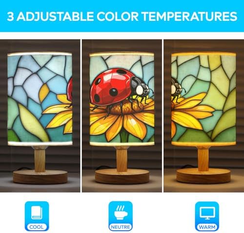 Ladybug Flower Table Lamp LED 3-Color Pressed Bedside, Ladybug Flower Shade Lamp with Wood Base for Bedroom Living Room Desk Office TL01