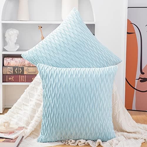 MADIZZ Set of 2 Super Soft Velvet Decorative Throw Pillow Covers 20x20 inch Light Blue Square with Texture Luxury Style Cushion Case Pillow Shell for Sofa Bedroom