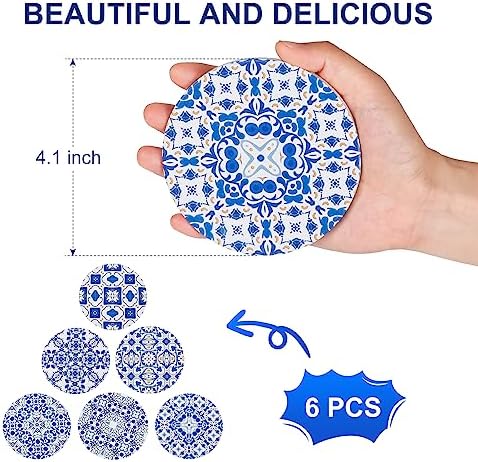 Ceramic Coasters for Drinks Absorbent - Metal Holder Set, Dry & Clean, Anti-Slip Cork Bottom - Blue and White Porcelain, Perfect for Living Room, Kitchen, or Outdoor Use