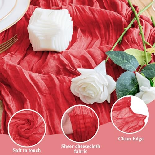 Wokceer Cheesecloth Table Runner Red 10FT Boho Gauze Runner, 4 Pack