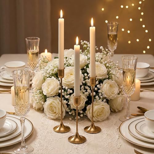 Gold Candlestick Holders, Brass Metal Taper Candle Stick Holders Set of 3