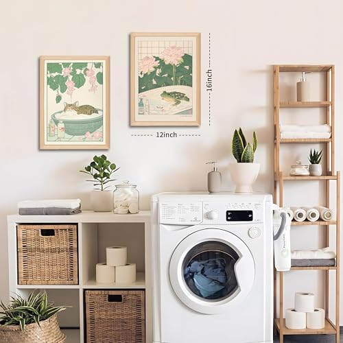 Japanese Cats Frogs Bathroom Wall Art Anime Cute Funny Canvas Print Decor | Set of 2 Wooden Frame Cute Green Kitten in Bathtub Painting Minimalist Zen Picture Wall Decor for Bathroom Kids Room12x16In