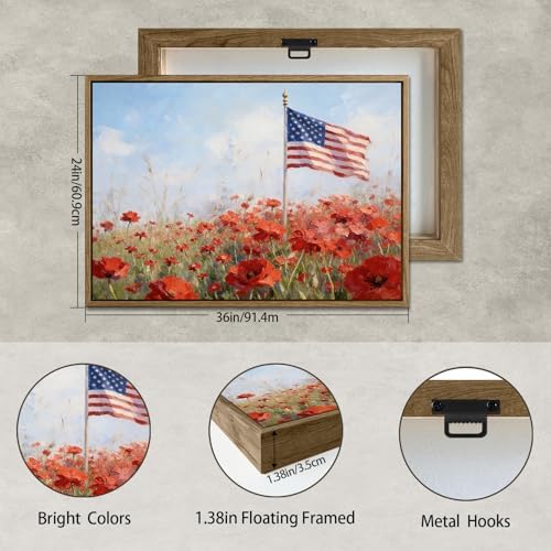 American Flag Framed Canvas Wall Art, 4th of July Patriotic Canvas Prints | USA Flag with Bald Eagle Poster Print, Vintage Independence Day Wall Decor for Bedroom Living Room 24×36in