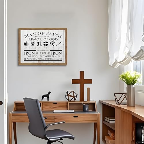 Man of Faith Bible Verses Canvas Wall Decor Framed 16x24 Inch | Scripture Wall Art for Office Gym Prayer Room or Study Room, Armor of God Christian Prints, Inspirational Religious Paintings