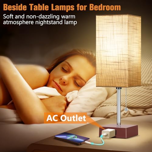 PLMMY Bedside Table Lamp for Bedroom Nightstand, 3 Color Pull Chain Nightstand Lamps Set of 2 with AC Outlets, Square Gray Lampshade Bedside Lamp for Living Room, Office Desk, LED Bulb Included