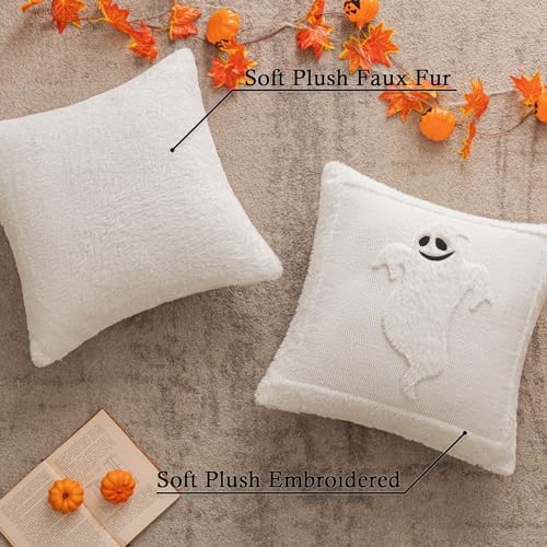 Black Halloween Ghost Throw Pillow Covers 18x18 Inch Set of 2, Soft Fluffy Embroidered Fall Couch Cushion Covers with Full Ghost Pattern for Sofa Farmhouse Living Room Spooky Decor B