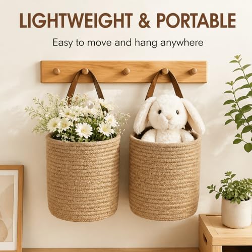 YOUEON Set of 2 Jute Hanging Basket 7.8" x 6.7", Small Wall Hanging Planter Baskets, Natural Jute Woven Storage Basket for Flower Plants Towels Sunglasses Wallet Keys, Boho Decor