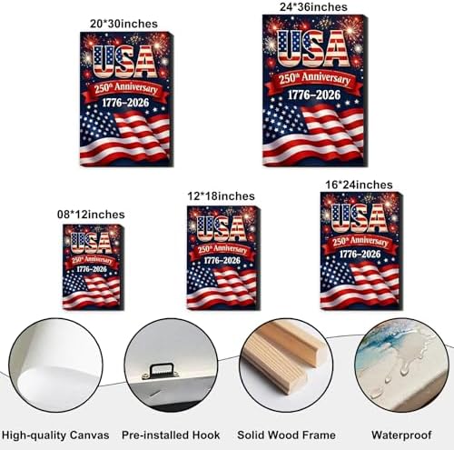 USA 250th Anniversary 1776-2026 Canvas Wall Decor, Patriotic Fireworks American Flag Wall Art, Independence Day Framed Canvas Prints for Home & Holiday Decoration, Made in USA