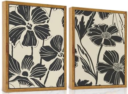 2-Pack Framed Abstract Minimalist Flower Canvas Wall Art for Bathroom | Boho Abstract Flower Wall Art, Minimalist Botanical Painting, Vintage Retro Decor, Ready to Hang