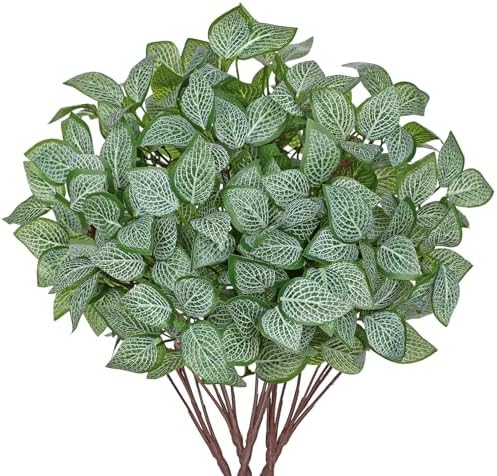 Hollyone 5 Bundles Artificial Greenery Plants Stems Faux Fittonia Leaves Plant Bouquet Fillers for Arrangement, Fake Shrub Bushes Plants for Home Centerpiece Indoor Outdoor Garden Patio Porch