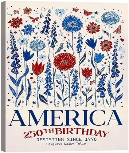 RIBNTAK Vintage Patriotic America 250th Birthday Wall Decor, 1776 Floral Canvas Prints, 4th of July Wildflower Art, Red White Blue Pictures for Kitchen, Office, Rustic Home, Made in USA