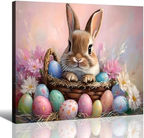 Oversize Vivid Easter Bunny Eggs Framed Canvas Wall Art for Bedroom, Colorful Easter Canvas Prints Pictures Wall Decor for Home, Kitchen, Office, Bar Artistic Wall Decorations