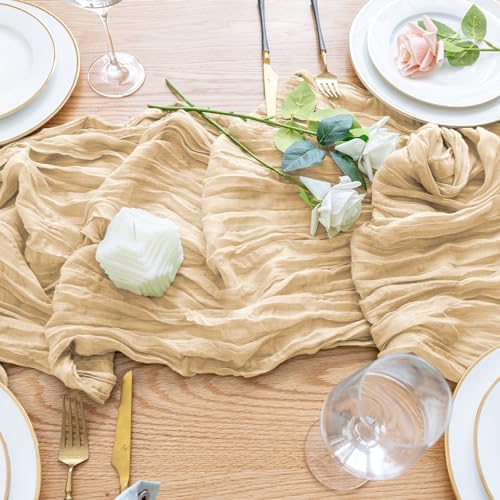Wokceer Cheesecloth Table Runner Sand 10FT Boho Gauze Runner, 6 Pack