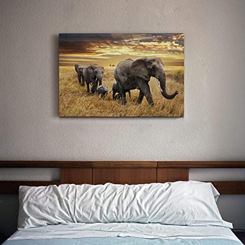 Elephant Canvas Picture Wall Art: Elephant Family Migrate Painting yellow Autumn Sunset Prints Panoramic Animals Wildlife Decorations For Living Room Bedroom Decor 36x24