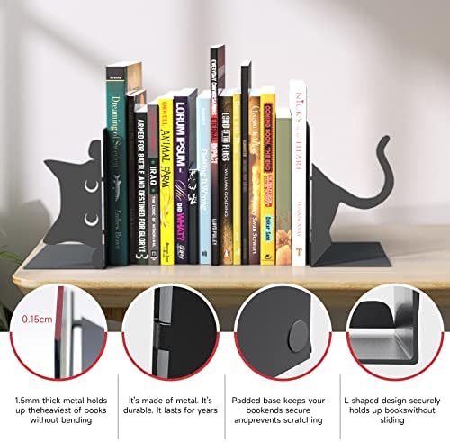 Book Ends Decorative,ENCIMART Book Ends,Metal Bookends,Book Holders for Shelves,Office Decorative Bookends,1.5mm Thickened Book Ends,Bedroom Library Office School Book Desktop Organizer Gift（Cat）