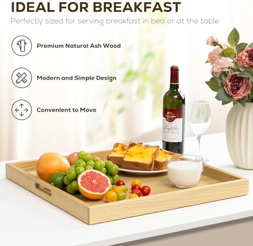 Axeman 22 Inch Large Square Wooden Ottoman Tray for Living Room|Extra Large Serving Tray with Handles for Coffee Table, Breakfast|Decorative Wood Tray for Ottoman Couch Sofa Kitchen|Natural