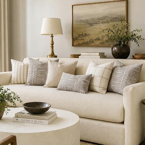 BlissBlush Decorative Lumbar Pillow Covers 12x20 Set of 2, Taupe Soft Woven Chenille Accent Pillow Covers for Couch Sofa Bed, Textured Farmhouse Cushion Covers