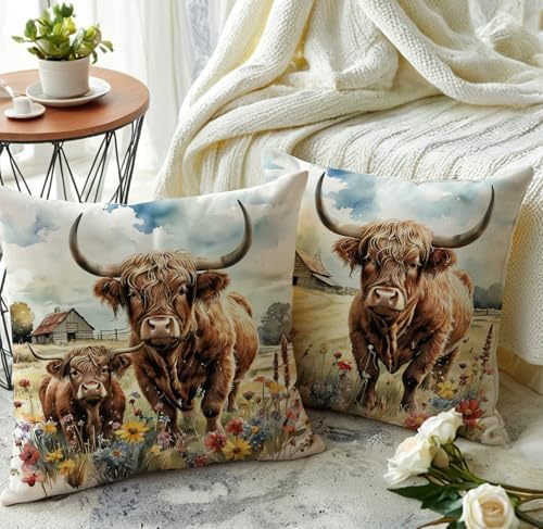 Highland Cow Decorative Throw Pillow Covers with Wildflowers 18x18 Inch Farmhouse Rustic Cushion Cover Western Cows Pillowcase 2Pack for Couch Sofa (Yellow)