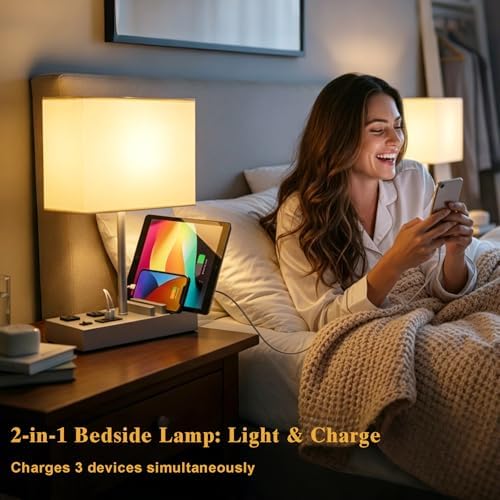 Briever USB Table Lamp, Multi-Functional Desk Lamp with 2 AC Outlets, Bedside Lamp with 3 USB Charging Ports and Wooden Phone Stands, Nightstand Lamp for Bedroom, Livingroom, Office, Silver Woodgrain