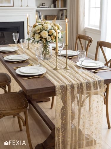 FEXIA 2Pcs Gold Table Runner 10FT Gauze Glitter Wedding Party Decorations