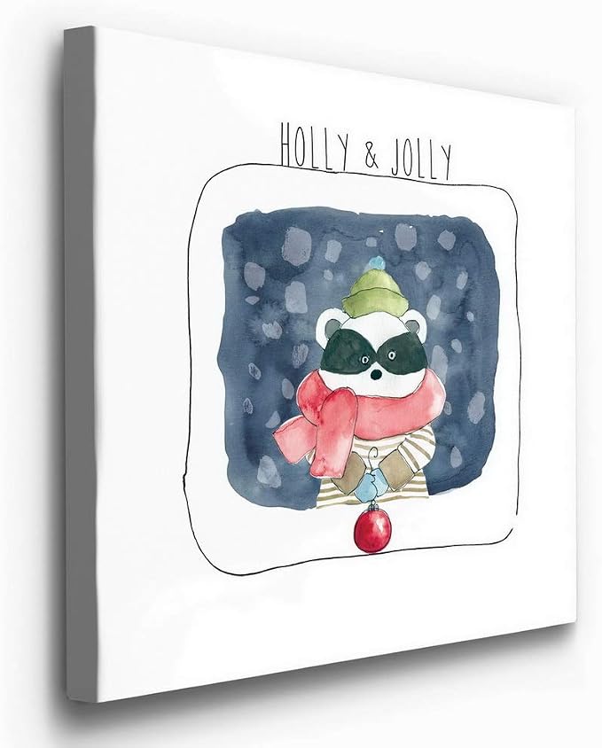 Renditions Gallery Abstract Animal Wall Art for Home Decor Holly & Jolly Christmas Raccoon Canvas Hanging Artwork for Dining Living Room Kitchen Decorations - 40"X40" LT05