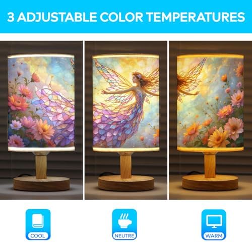 Enchanting Flower Fairy Table Lamp LED 3-Color Pressed Bedside, Enchanting Flower Fairy Shade Lamp with Wood Base for Bedroom Living Room Desk Office TL01