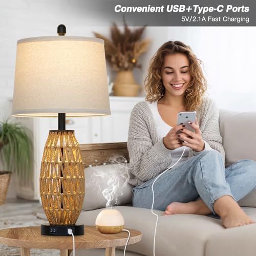 CINSARY 27" Rattan Table Lamps Set of 2, Boho Bedside Lamp for Bedroom with Night Light, Coastal Woven Wicker Nightstand Lamps with USB A+C Charging Port, Tall Farmhouse Living Room Lamp