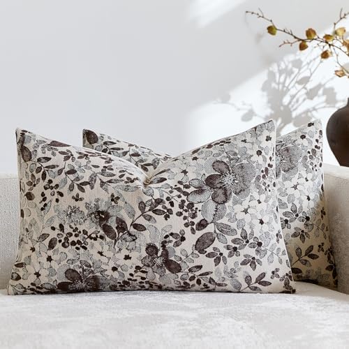Vintage Floral Lumbar Pillow Covers 12x20 Pack of 2 Country Farmhouse Accents Chenille Jacquad Rectangular Decorative Throw Pillow Cases for Living Room Couch Bed Home Decor, Deep Brown