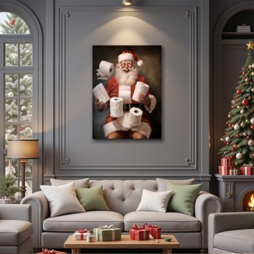 FLZYKGPA Funny Christmas Santa Bathroom Wall Art Prints 8x12in, Winter Christmas Santa Claus Posters Pictures Wall Decor for Shower Room Bathroom Washroom, Framed Ready to Hang