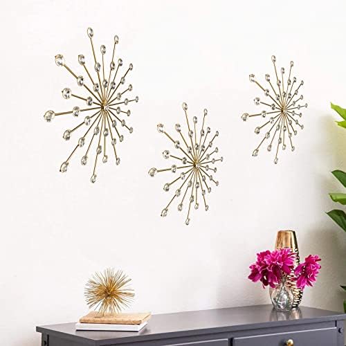 ZEXUIRU 3 Set Gold Starburst Wall Art for Home Decor Metal Bling Crystal Rhinestones Sunburst Wall Decor Sparkling Rhinestone Art Accent Gold - 18in