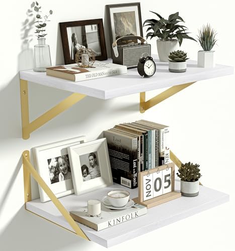 Heimlove 12 Inch Deep White Floating Shelves for Wall，Wood Floating Shelves 16" W x 12" D Set of 2，Wall Mounted Shelves for Living Room, Bedroom, Kitchen, Bathroom and Decor Storage,Gold Bracket