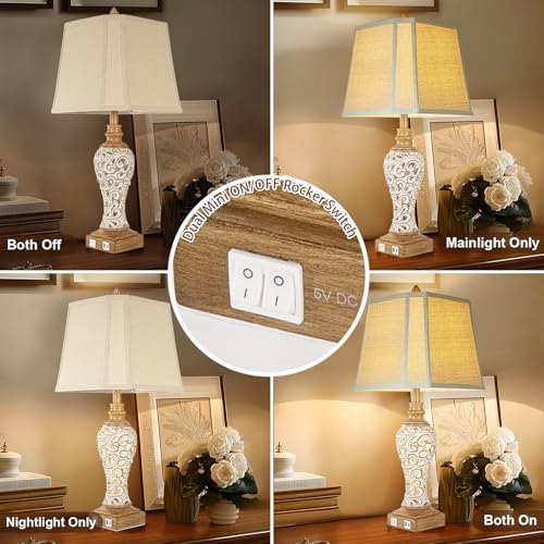 Rustic Table Lamp Set of 2 for Living Room with Night Lights, 28.5" Tall