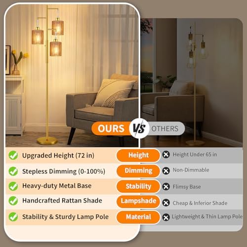 Hotsonic 72" Boho Rattan Tree Floor Lamp, Tall Dimmable Industrial Standing Lamp, Corner Decor Accent Lighting for Living Room, Bedroom, Dining Room, Nursery, Cafe (3 x 800LM Bulbs Included) - Gold