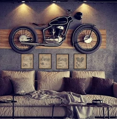 ArtCantHurtU Motorcycle Patent Prints Set of 4, Biker Decor 8"x10" Unframed | Chalkboard-style technical drawings showcase antique motorbikes and mechanical details for garages or collector displays