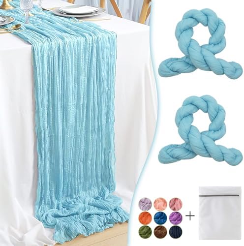 Baby Blue Cheesecloth Table Runner 2 Pack 35" Boho Gauze Cheese Cloth 120 inches Long Rustic Sheer Fabric Bulk for Baby Shower Wedding Bridal Birthday Party Table Decorations