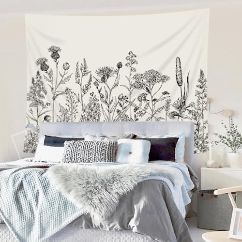 Riyidecor Floral Tapestry Wall Hanging Home Decor 59Wx51H Inch Vintage Blossom Flower Living Room Decor for Men Women Modern Aesthetic Sketch Botanical Plant Herbs Nature for Bedroom Dorm