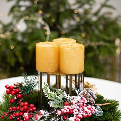 CANDWAX 3x3 Inch Gold Pillar Candles Set of 3 - Unscented No Drip Glitter Gold Candles for Weddings, Centerpieces, Home Décor, Christmas Decorations