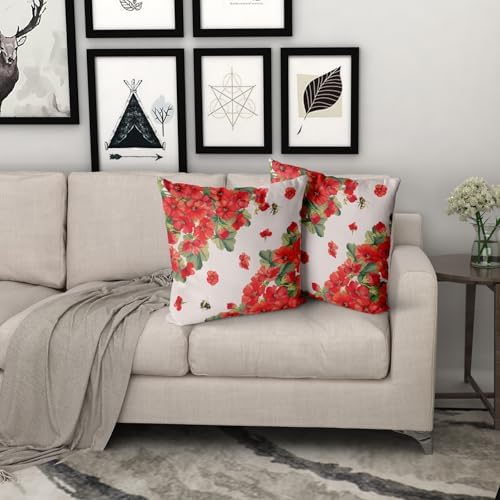 Giwawa 2PCs Geranium Throw Pillow Covers, 20"x20" Spring Summer Red Floral Bees Decorative Cotton Pillow Cases, Watercolor Flower Blossom Square Cushion Cover Sofa Couch Porch Living Room