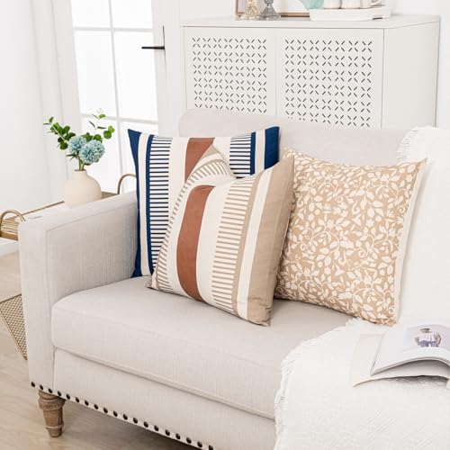 2 Pack 18x18 Inch Pillow Covers - Brown Faux Leather & Tan Stripe Print Soft Canvas Splicing, Same Pattern Both Sides | for Sofa Couch Bed Living Room, Farmhouse Industrial Minimalist Decor