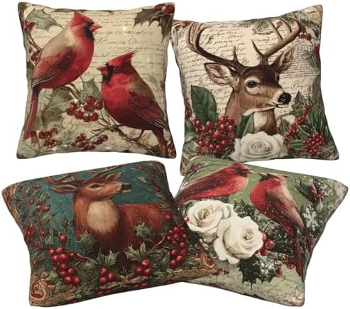 Christmas Animals Throw Pillow Covers Set of 4 Decorative Soft Double Sided Print Pillow Case Farmhouse Home Decor for Living Room Sofa Couch 18x18