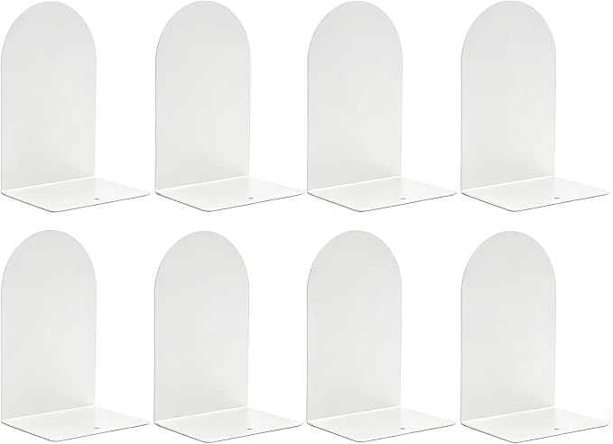 8 Pcs Metal Bookends - Book Ends for Shelves, White
