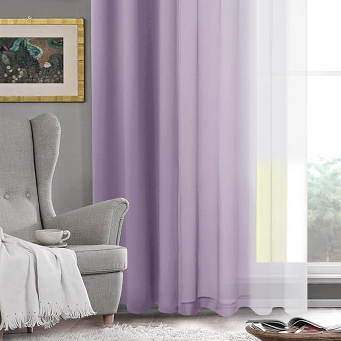 DWCN Ombre Faux Linen Extra Long Sheer Curtains - Semi Voile Gradient Grommet Top Curtains for Bedroom and Living Room, 52 x 102 Inches Long, Set of 2 Window Curtain Panels, Lavender