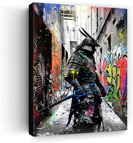 Wesluin 8"x10" Graffiti Samurai Canvas – Colorful Anime Japanese Wall Art | Urban warrior explodes from neon graffiti alley. Melding anime flair & street edge. Hook included, ready to hang.