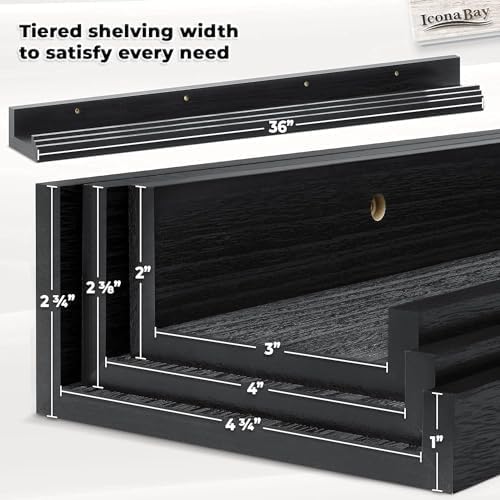 Icona Bay 36 Inch Floating Shelves for Wall - Set of 3 in Ebony Black - Modern Rustic Style - Wall Mounted Display Shelves - Picture Ledges