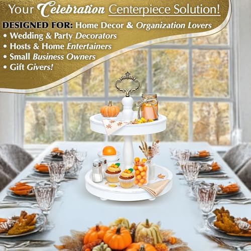 2 Tiered Tray Stand [Includes 3 Changeable Handles] - Rustic Cupcake Stand, Coffee Table Tiered Serving Tray for Kitchen Counter, Stunning Rustic Home Decor, Display Fruits, Plants, Candles (White)