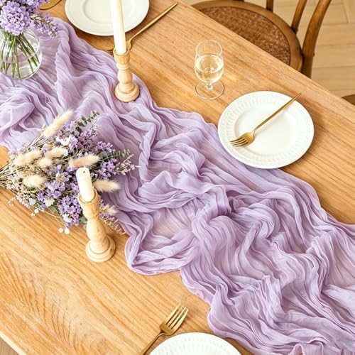 3Pcs Lilac Table Runner, 10FT Rustic Gauze Lavender Table Runner 35*120inch Boho Table Runners for Wedding Bridal Shower Baby Shower Table Centerpiece Decorations